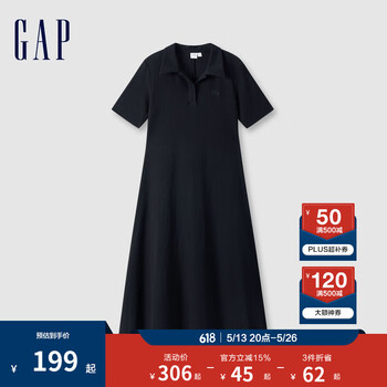 Gap女装翻领刺绣logo短袖针织连衣裙简约长裙680487 黑色 155/76A(XS) 亚洲尺码