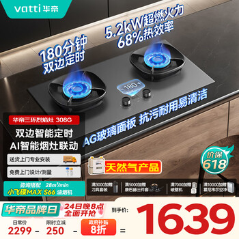 华帝(VATTI)【李佳琦同款】小飞碟Max国家补贴双边定时燃气灶天然气嵌入式5.2kW猛火AG玻璃煤气炉灶具i10308G