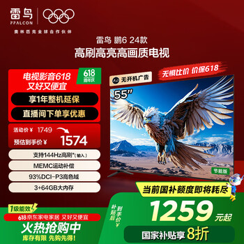 雷鸟 鹏6 24款 一级能效版 电视机55英寸 120Hz动态加速 3+64GB 游戏智能液晶平板电视55S375C-JN