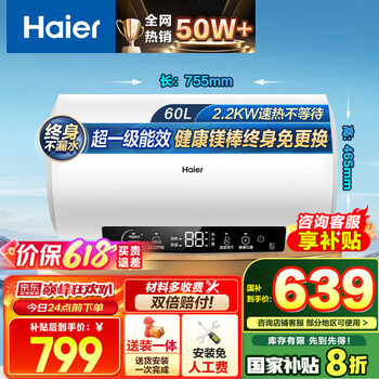 海尔(Haier)热水器60升电热水器【咨询客服享补贴20%】镁棒免更换2200W速热 超一级能效家用储水式大水量R3 60L 2200W 【70%用户首选】R3