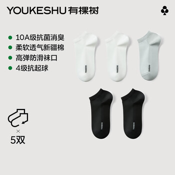 有棵树【2件起购】男士短袜男10A抗菌夏季薄款透气网眼防臭舒适无骨短袜 本白+本白+暮黑+暮黑+浅藤灰 5双 均码