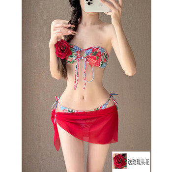 安与·洛施琪纯欲风红色显白民族印花比基尼分体泳衣女小胸抹胸遮挡裙 红色 L