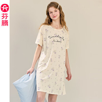芬腾睡裙女士夏季薄款短袖睡衣中裙女款宽松休闲卡通可爱家居服 FX26921093米杏 L 建议：110-125斤