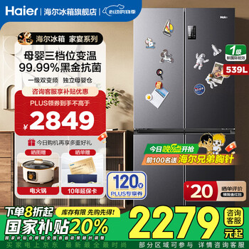 海尔(Haier)冰箱539升【国家补贴20%】四开门十字对开门风冷无霜一级节能双变频大容量智能家用电冰箱以旧换新 539升玉墨银+一级双变频+黑金净化+三档变温区