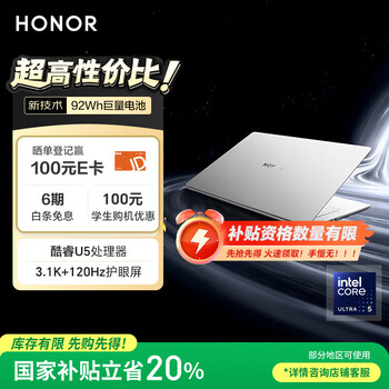 荣耀MagicBook Pro 14极客版 AI轻薄笔记本 92Wh巨量电池 U5-125H 24G 1T 3.1K绿洲护眼屏 灰