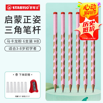 思笔乐(STABILO)德国进口HB洞洞铅笔6支粗杆三角杆易抓握 幼儿小学文具启蒙矫姿练字笔无毛刺马卡龙粉322/16