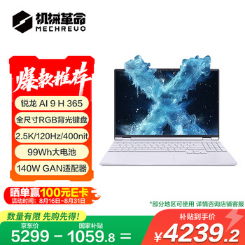 机械革命【国家补贴20%】无界15X Pro 暴风雪(AI 9H 365 32G 1T 99Wh 120Hz2.5K)办公笔记本电脑轻薄游戏本