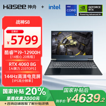 神舟（HASEE）【国家补贴20%】战神S8 12代酷睿i9 15.6英寸游戏本笔记本电脑(i9-12900H RTX4060 16G 512G)