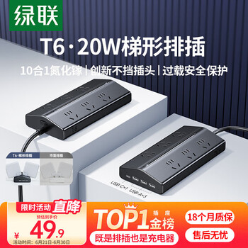 绿联 T620桌面充电站不挡插口排插氮化镓20W快充USB插座插排拖线板接线板