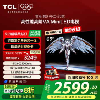 TCL雷鸟鹤6 PRO 25款 65英寸 MiniLED家电国家补贴 天空声道 一级能效智能平板电视机65S595C Pro-A