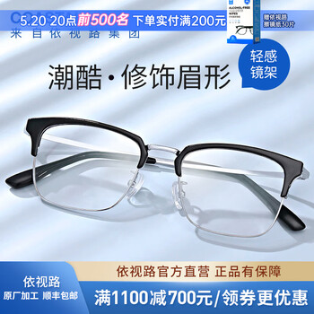 依视路(ESSILOR) 钻晶系列高清耐磨防蓝光近视薄镜片配度数眼镜架男女镜框 【新品】金属-眉框-2070SV-银色 镜框+依视路A4防蓝光1.56现片