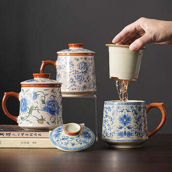 汝窑茶杯带盖茶水分离办公室家用马克杯 繁花【安全装】