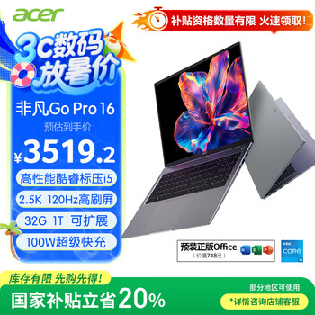 宏碁（acer）非凡Go Pro 国家补贴 16英寸轻薄本2.5K屏120Hz 学生办公笔记本电脑 (13代i5-13500H 32G 1T)灰