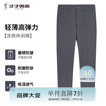 才子（TRIES）轻薄透气休闲裤男士商务休闲时尚西装裤弹力修身百搭裤子男装 灰色 33 84cm