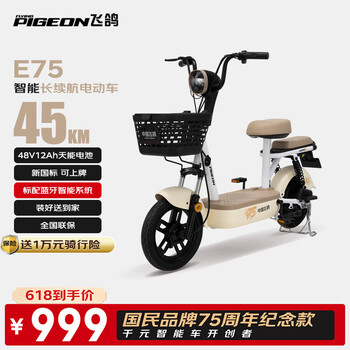 飞鸽E75智能电动自行车45公里长续航电动车铅酸电池48V12Ah电瓶车新国标上班代步小电驴源彩漫步白
