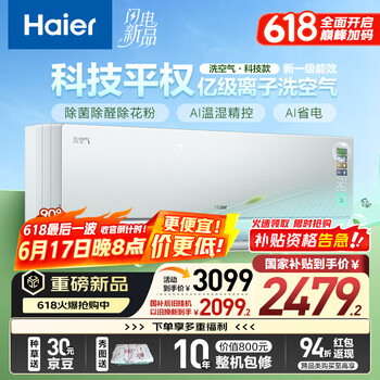 国家补贴：海尔 Haier 空调洗空气pro科技版 除菌除湿 新一级能效卧室挂机空调  家电 大1.5匹 一级能效 洗空气科技版