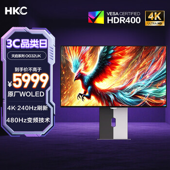 HKC OG32UK 31.5英寸 OLED G-sync FreeSync 显示器（3840×2160、480Hz、100%sRGB、HDR400 True Black、Type-C 90W）