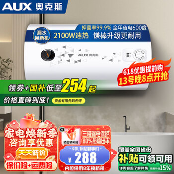 奥克斯（AUX）电热水器节能速热二级能效出租房公寓圆桶保温热水器40升50升60升内胆保8年 以旧换新政府国家补贴 40L 上门安装 多重安全防护 5万+客户选择 内胆保用8年