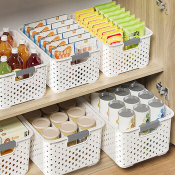 稻草熊桌面收纳盒零食玩具整理盒塑料储物篮宿舍杂物收纳神器厨房收纳框 象牙白-大号【三个装】