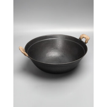 老式手工炒锅生铁无涂层家用铸铁圆底大铁锅 直径34cm双耳锅(轻便款)