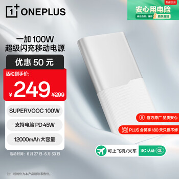 移动端、京东百亿补贴：一加 OnePlus SUPERVOOC 100W超级闪充移动电源 12000mAh 银翼白