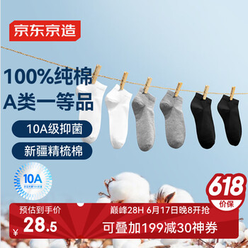 移动端、京东百亿补贴：京东京造 6双男式短袜10A抗菌休闲透气袜子船袜 黑百灰  6双