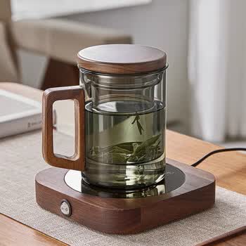 耐高温玻璃杯办公室大容量茶水分离待客杯带盖木把水杯(不连底座) 烟灰色三件杯 400ml