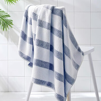 三利 家用吸水速干成人男女大毛巾加大柔软裹巾条纹简约不掉毛浴巾 靛蓝 275g