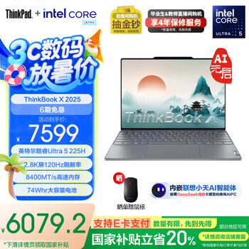 ThinkPad【国家补贴20%】联想ThinkBook X 2025 英特尔酷睿Ulltra处理器 13.5英寸高端商务轻薄笔记本电脑 Ultra5-225H 32G 1T 02CD