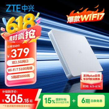 中兴(ZTE)【晴天墙面路由器】BE5100Pro+ 双2.5G口 无线WiFi7千兆双频5颗信号放大器兼容WiFi6游戏加速