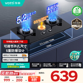 华帝(VATTI)家电国家政府补贴20%官方燃气灶天然气嵌入式一级能效升级5.2kW猛火煤气炉双灶具灶台i10071B