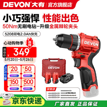 大有(Devon)12V锂电无刷电钻5208手电钻冲击钻5209电动螺丝刀起子机50牛米 5208 2.0Ah双电快充塑盒