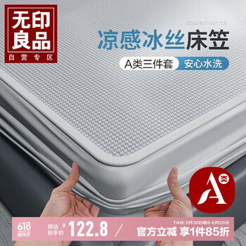 无印良品 A类凉感冰丝床笠三件套 夏季床单全包床罩床垫保护套1.8x2米床 床笠款-千鸟格灰