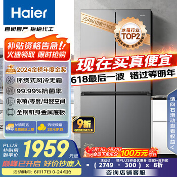 海尔 Haier 节能大师系列 BCD-465WGHTDE9S9 风冷十字对开门冰箱 465L 星辉银