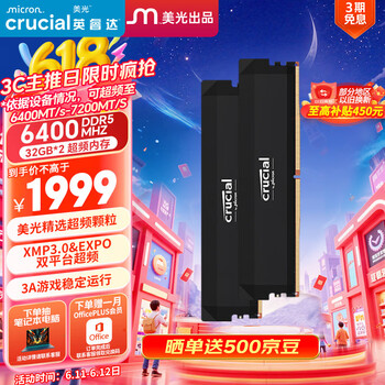 Crucial英睿达 美光64GB(32GB×2)DDR5 6400频率 黑色台式机内存条 Pro系列超频 美光(原镁光)原厂颗粒