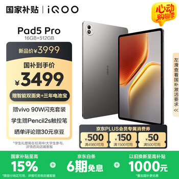 iQOO Pad5 Pro 16GB+512GB 灰晶【国家补贴】天玑9400+ 13英寸 高亮电竞屏 12050mAh 超长续航