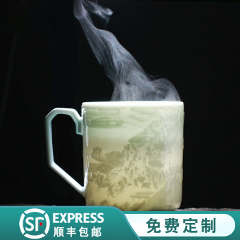 碧野青瓷（BIYEQINGCI）景德镇陶瓷茶杯雕刻影青瓷泡茶带盖陶瓷杯办公杯玲珑茶杯 清明上河图