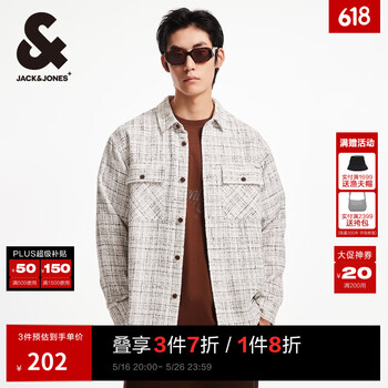 杰克·琼斯(JACK&JONES)春秋新款宽松翻领格纹花呢潮流百搭小香风外套长袖衬衫夹克男款 G01石灰花灰 L