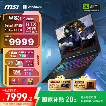 微星（MSI）星影17 2025 国家补贴20% 17.3英寸游戏笔记本电脑(酷睿i9-14900HX RTX5070 16GB 1T 2.5K 240Hz )
