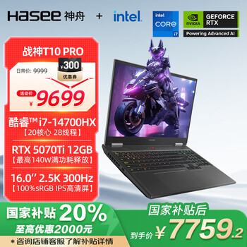 神舟（HASEE）【国家补贴20% RTX5070Ti】战神T10 Pro 16英寸游戏本笔记本电脑(i7-14700HX 32G 1TB 2.5K 300Hz)