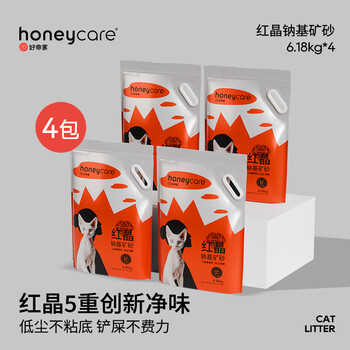 PLUS会员：Honeycare 好命天生 红晶钠基矿石猫砂6.18kg*4袋除臭高效结团