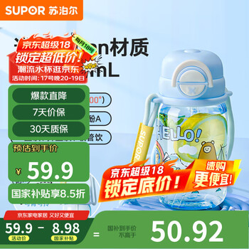 苏泊尔奇遇团团双饮塑料杯儿童便携吸管高颜值水杯600ml.蓝色奇遇记