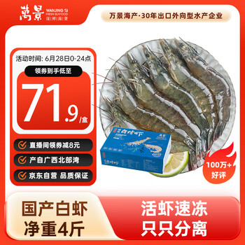 万景 鲜冻白虾 100-120只 2kg