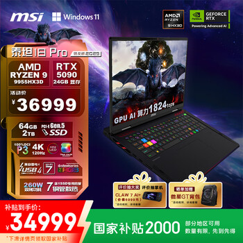 国家补贴：微星 泰坦18 Pro 锐龙版 2025 九代锐龙版 18英寸 游戏本 黑色（锐龙R9-9955HX3D、RTX 5090 24G、64GB、2TB SSD、4K、Mini LED、120Hz）