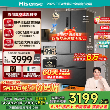海信500V5真空主动除菌零嵌入式冰箱法式多门超薄一级能效家电国家补贴20%冰箱换新BCD-500WNK1DPV