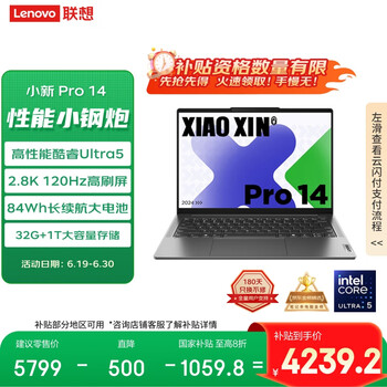 联想 Lenovo 小新Pro14 2024 高性能标压酷睿Ultra5 14英寸AI轻薄本 32G 1T 2.8K高刷屏 Pro14英寸 2.8K高刷