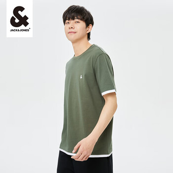杰克琼斯 杰克·琼斯（JACK&JONES）夏季男装撞色斜纹半袖上衣直筒版圆领短袖T恤