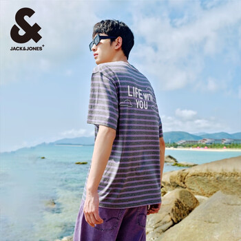 杰克·琼斯(JACK&JONES)夏季新款男装撞色斜纹半袖上衣直筒版圆领短袖T恤 224201079深花灰 XS 165
