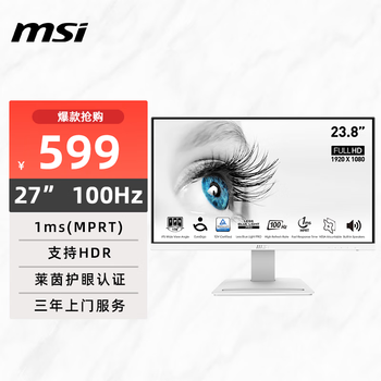 微星（MSI）23.8英寸FHD100Hz显示器 内置音响 莱茵护眼认证 IPS面板 家用电竞办公护眼白色显示屏PRO MP243XW