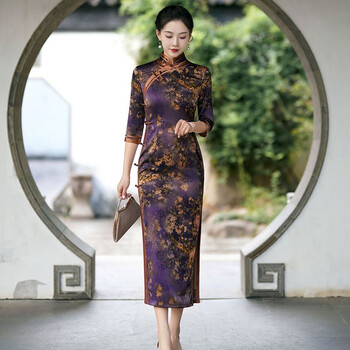应否丝绸旗袍长款旗袍春秋复古修身显瘦改良日常旗袍演出服中国风旗袍 825001【紫色腊梅】 XXL